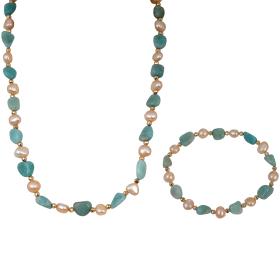 Set Collier+Armband Amazonit+Süßwasserzuchtperle
