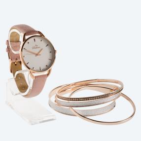 Bellevue Damenuhr + Armreif-Set, rosévergoldet