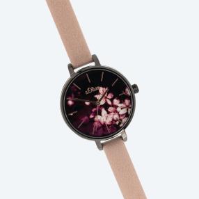 s.Oliver Damenuhr, Quarz, Blumen, rosa / schwarz