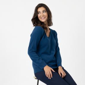 100% KASCHMIR Damen-Pullover, V-Ausschnitt petrol