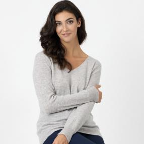 100% KASCHMIR Damen-Pullover, V-Ausschnitt grau