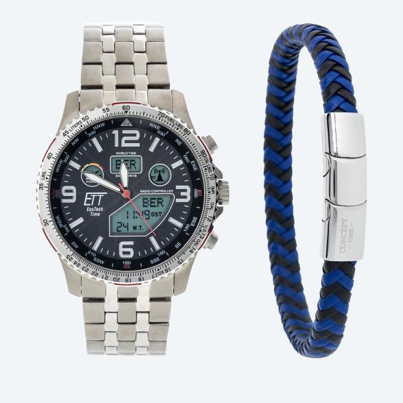ETT Herren-Funk-Solaruhr Titan + Lederarmband