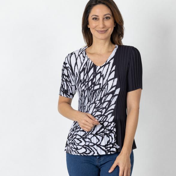 Jeannie Damen-Plissee-Shirt schwarz/weiß