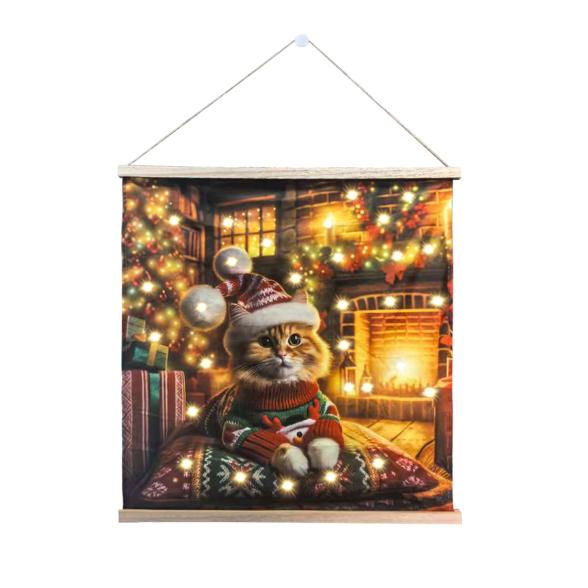 LED Wandbild Weihnachtskatze75x75cm