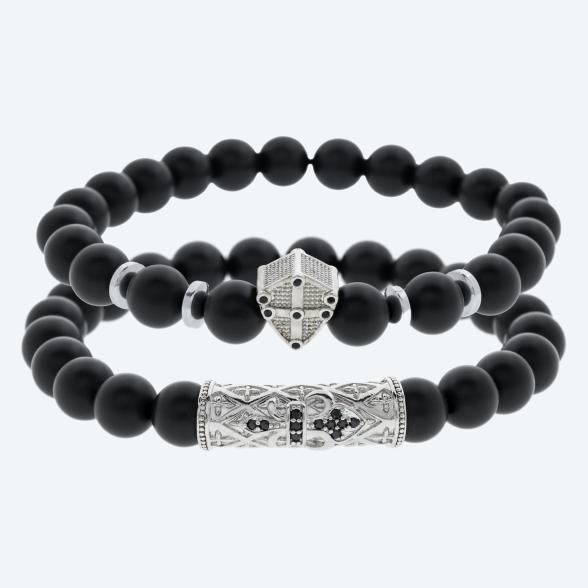 SET: 2x Armband Achat schwarz, silberfarbig