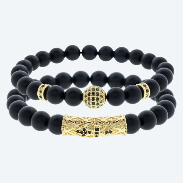SET: 2x Armband Achat schwarz, goldfarbig