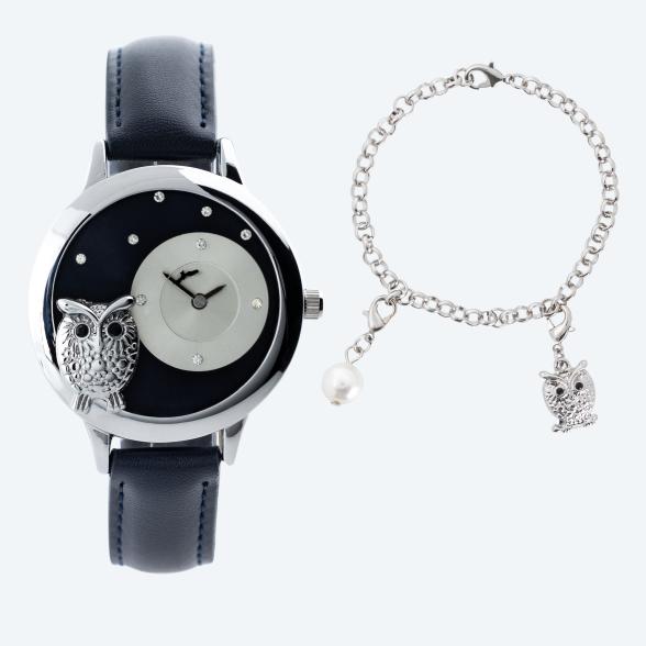 Set: Damenuhr & Armband 'Eule' silber