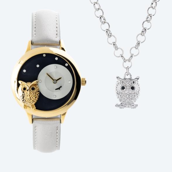 Set: Damenuhr & Kette 'Eule' gold-silber
