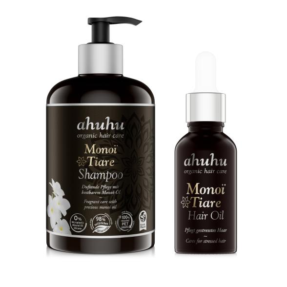 AHUHU Monoi Tiare Set Shampoo 500ml Hair Oil 30ml