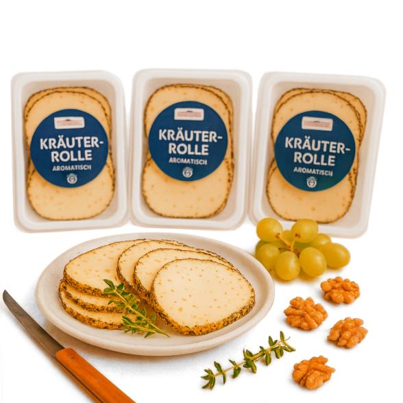 Käsekräuterrolle in Scheiben