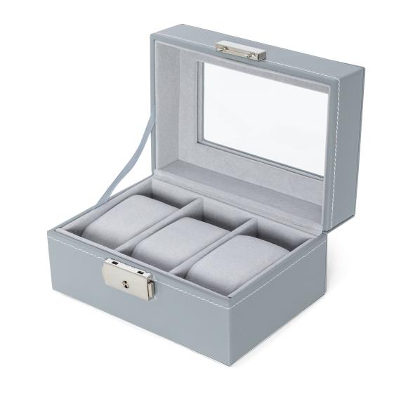 Uhrenbox für 3 Uhren, Kunstleder & Samt grau