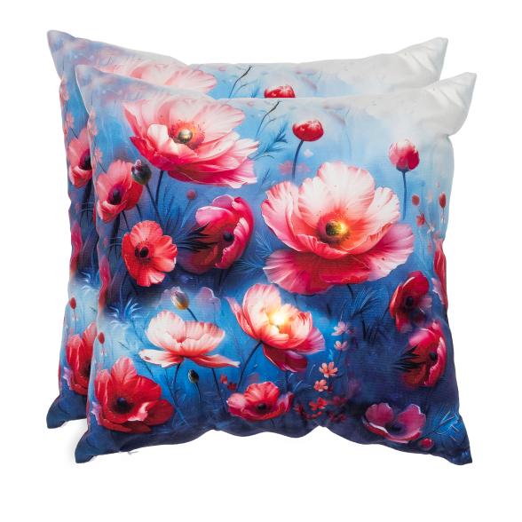 2 LED-Kissen Mohnblumen 40x40cm