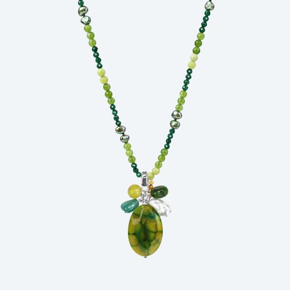 Collier mit Anhänger Feuerachat, Apatit, Jade