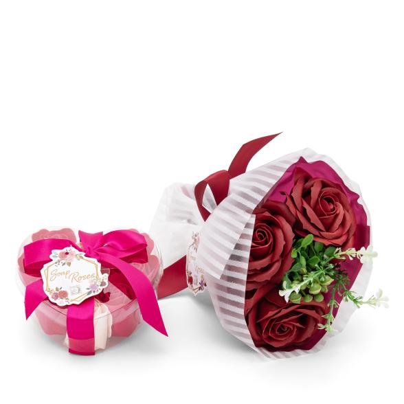 Set Baderosen Strauß + Herzbox rot