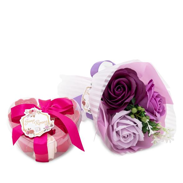 Set Baderosen Strauß lila + Herzbox rot-apricot