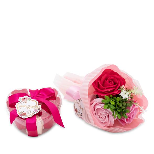 Set Baderosen Strauß pink + Herzbox rot-apricot