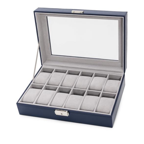 4069315116017 - Uhrenbox für 12 Uhren Kunstleder blau Samt grau