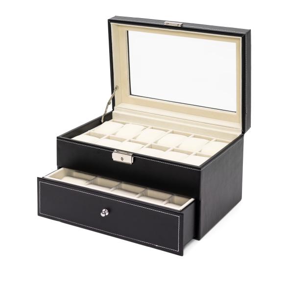 4069315116024 - Uhrenbox für 22 Uhren PU Leder schwarz Samt creme